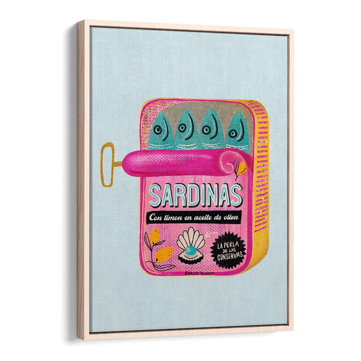 Sardines Tin Can I Kitchen Posters Kitchen Art Prints in Oak Wood Floater Frame