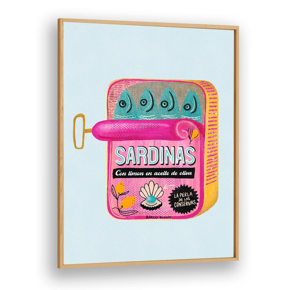 Sardines Tin Can I Kitchen Posters Kitchen Art Prints in Oak Wood Plain Frame