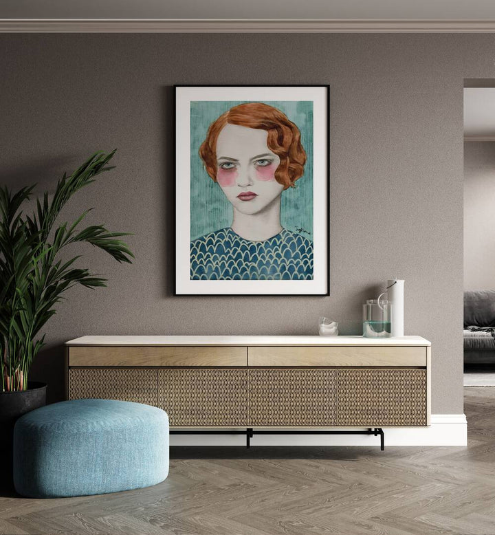 Sasha  Women Illustrations paintings in Black Frame With Mount placed on a wall behind a console table