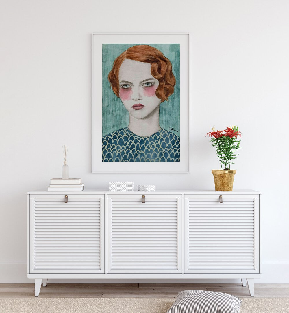 Sasha  Women Illustrations paintings in White Frame With Mount placed on a wall behind a white console table