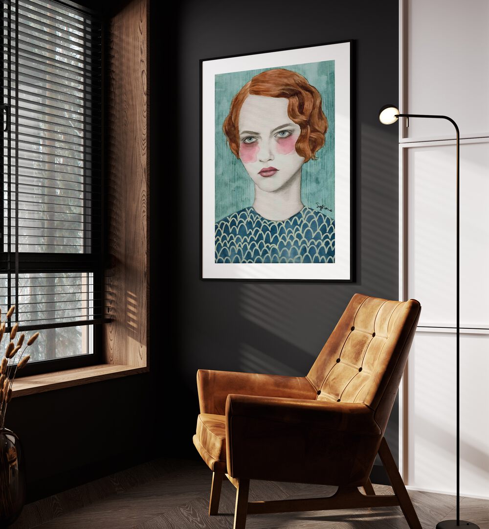 Sasha  Women Illustrations paintings in Black Frame With Mount placed on a wall beside an orange sofa