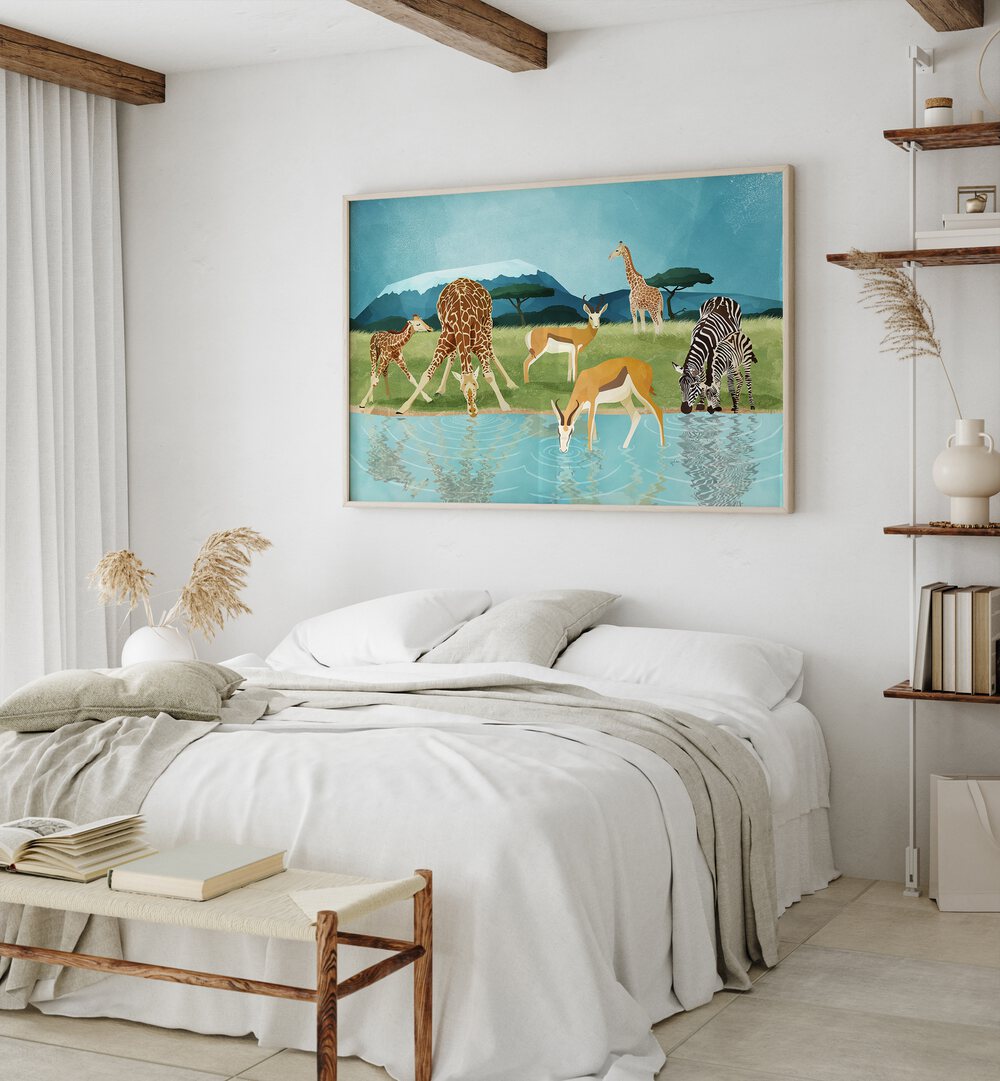 Savannah By Goed Blauw Wildlife Art Prints in Oak Wood Plain Frame placed on a White Colored Wall near a Bed in the Bedroom