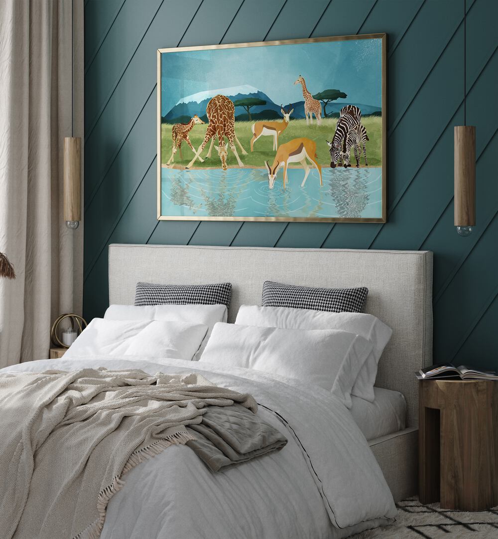 Savannah By Goed Blauw Wildlife Art Prints in Gold Plain Frame placed on a Blue Colored Wall near a Bed in the Bedroom