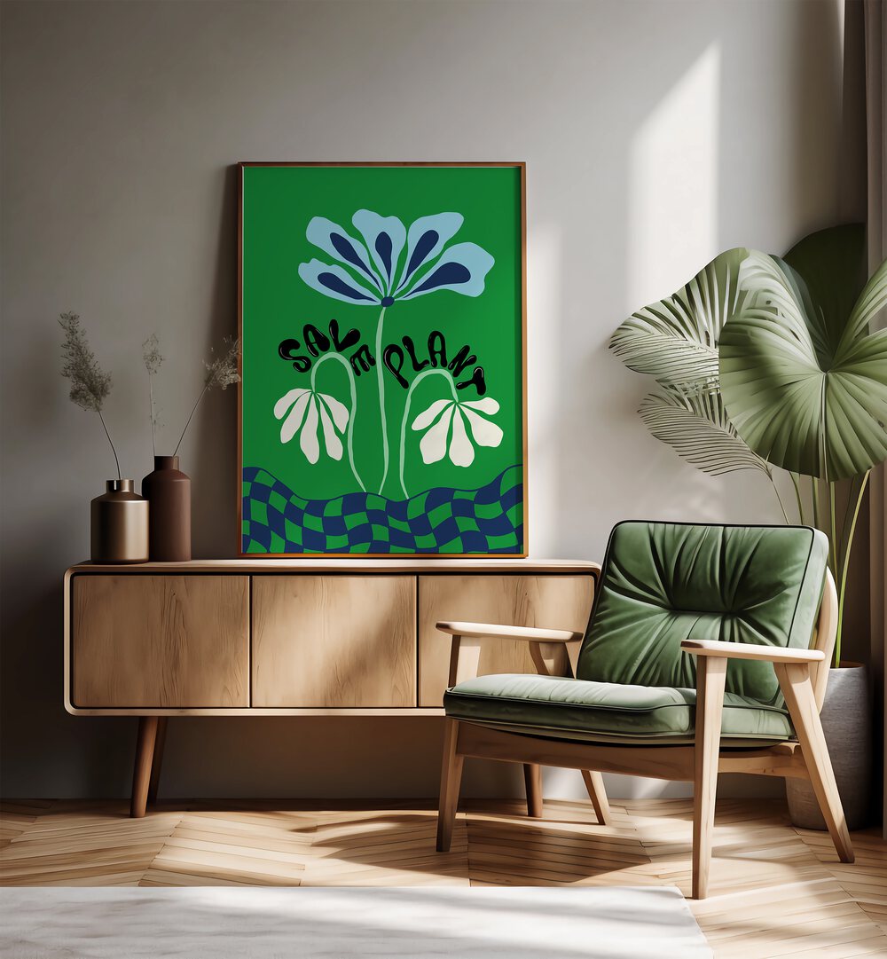 Save Plants By Miho Art Studio Botanical Art Prints Floral Paintings in Dark Wood Plain Frame placed on a Console Table near a Cream Colored Wall in the Drawing Room