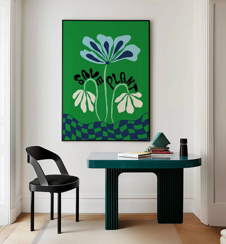 Save Plants By Miho Art Studio Botanical Art Prints Floral Paintings in Black Plain Frame placed on a Cream Colored Wall near a Table in a Workspace in the Drawing Room