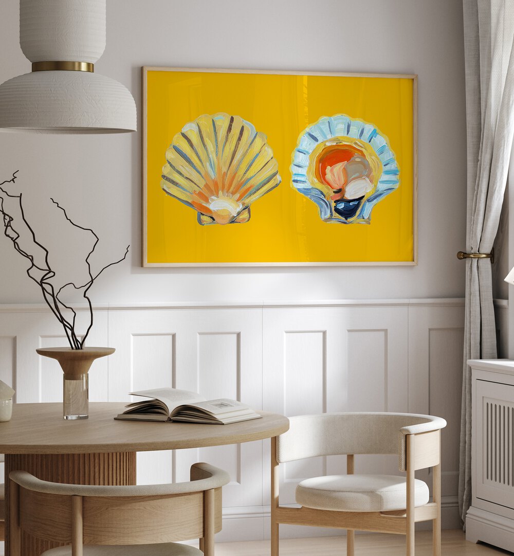 Scallops on Yellow by Alice Straker Cafe Art Prints Cafe Posters in Oak Wood Plain Frame placed on a wall in a study room area beside a window and behind a table