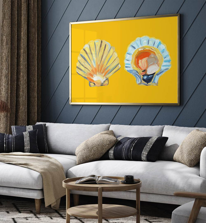 Scallops on Yellow by Alice Straker Cafe Art Prints Cafe Posters in Oak Wood Plain Frame placed on  a living room wall behind a white sofa