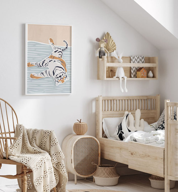 Scandi Sleeping Tiger  Kids Paintings  placed on wall 