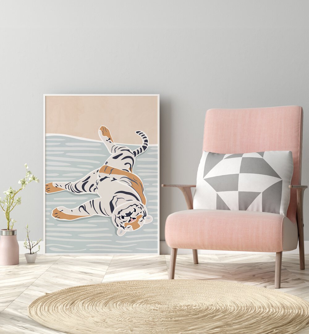 Scandi Sleeping Tiger  Kids Paintings  placed on wall 