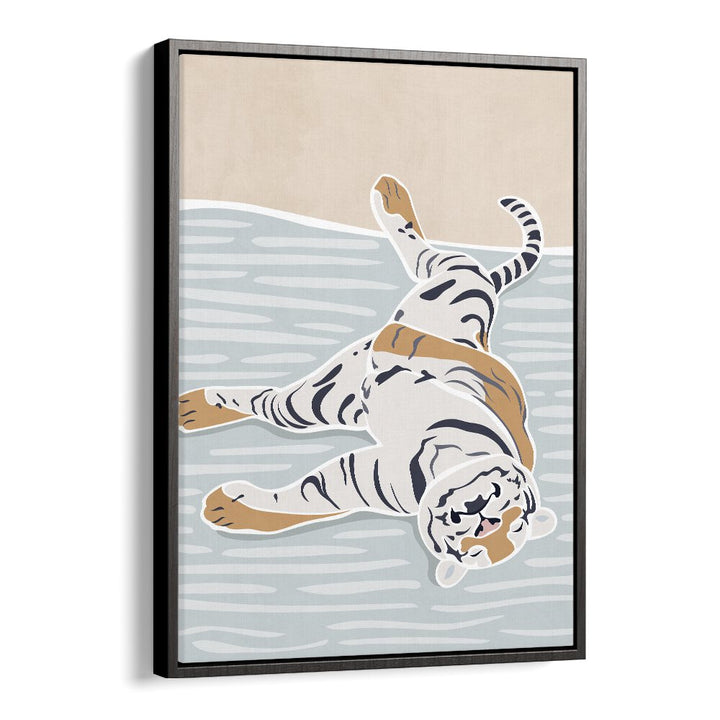 Scandi Sleeping Tiger  Kids Paintings in Black Floater Frame