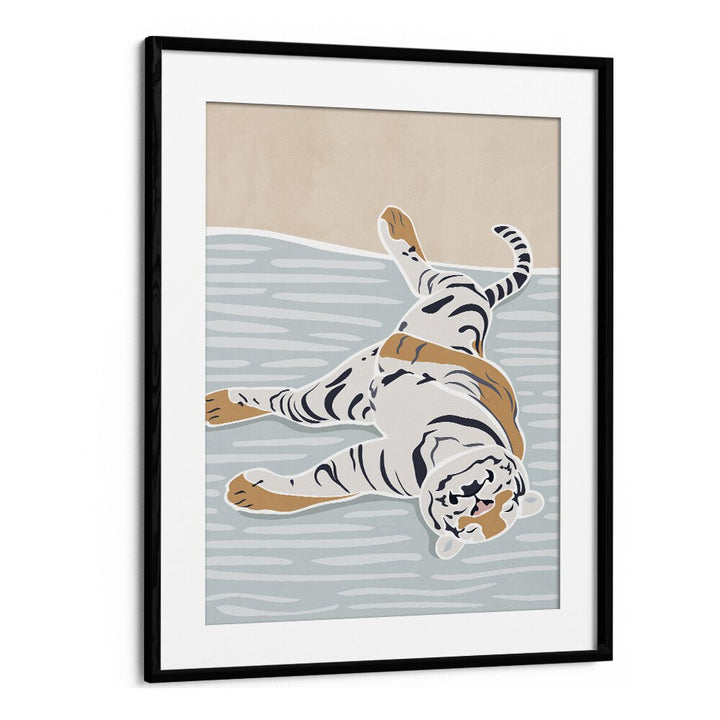 Scandi Sleeping Tiger  Kids Paintings in Black Frame With Mount