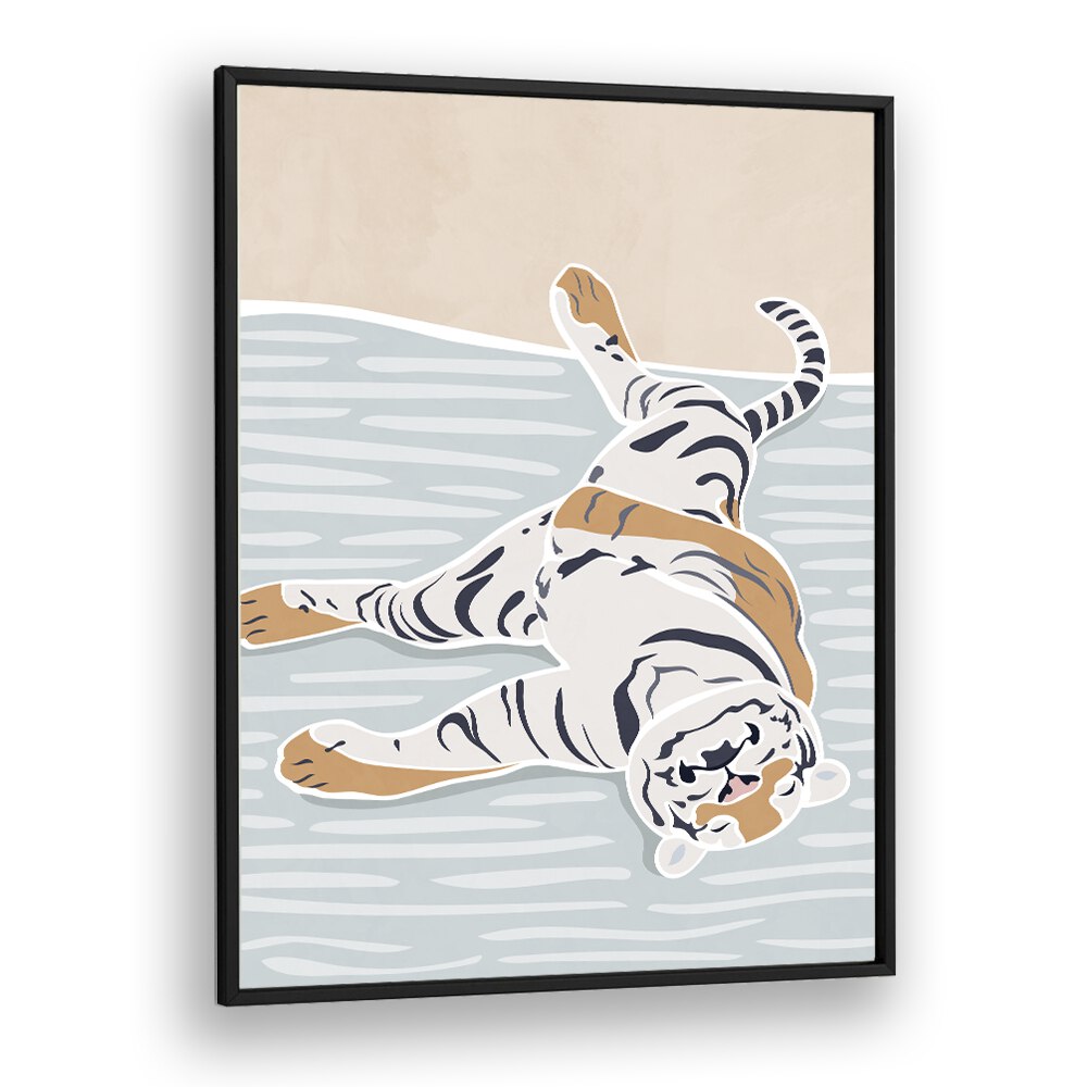 Scandi Sleeping Tiger  Kids Paintings in Black Plain Frame