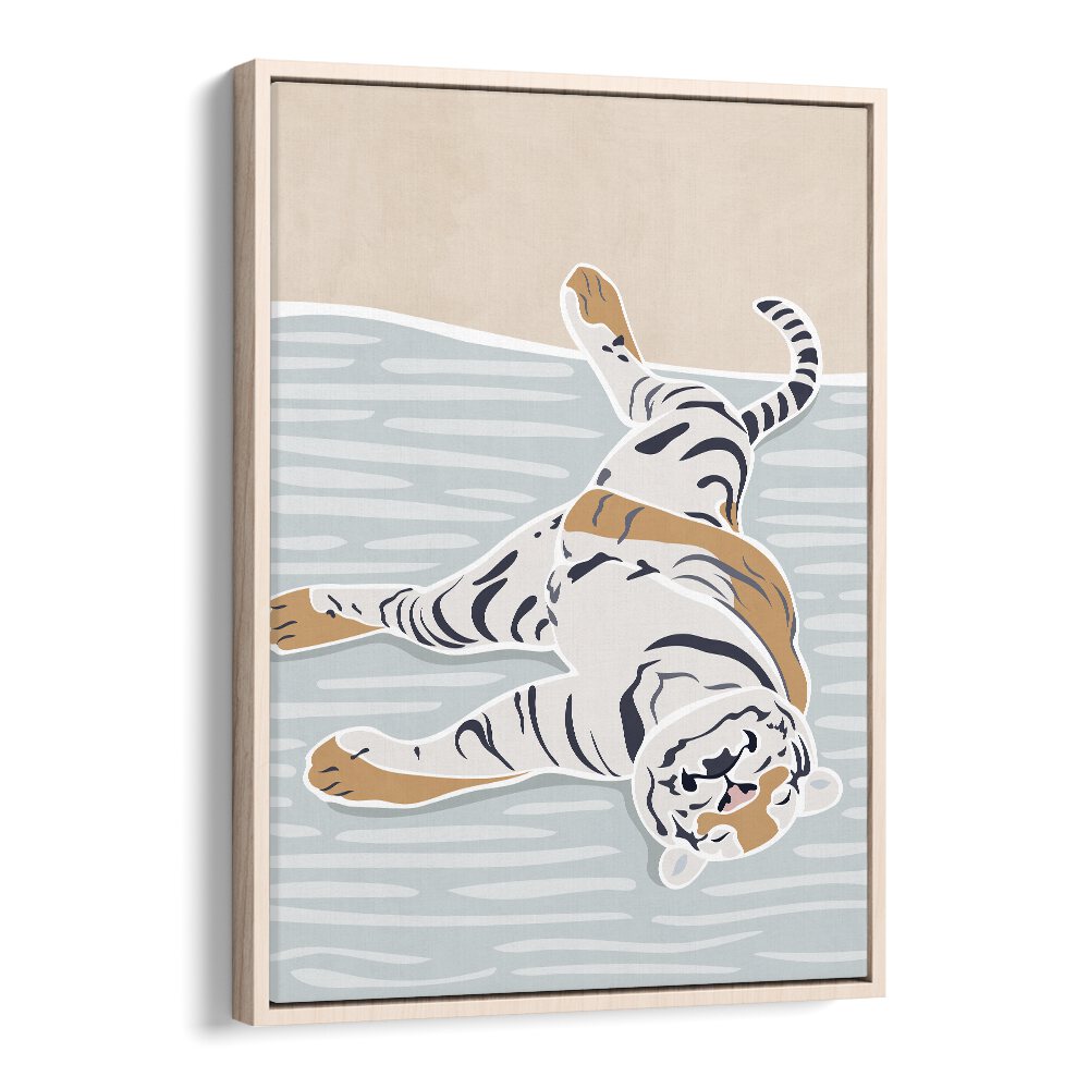 Scandi Sleeping Tiger  Kids Paintings in Oak Wood Floater Frame