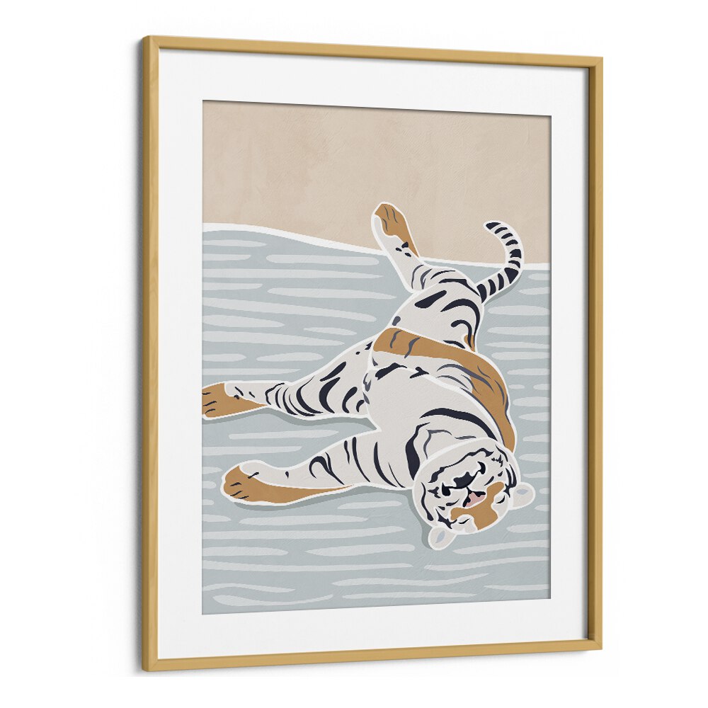 Scandi Sleeping Tiger  Kids Paintings in Oak Wood Frame With Mount