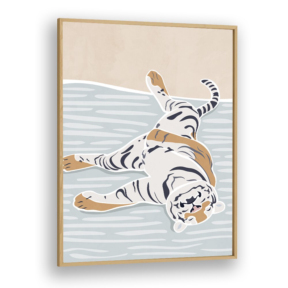 Scandi Sleeping Tiger  Kids Paintings in Oak Wood Plain Frame