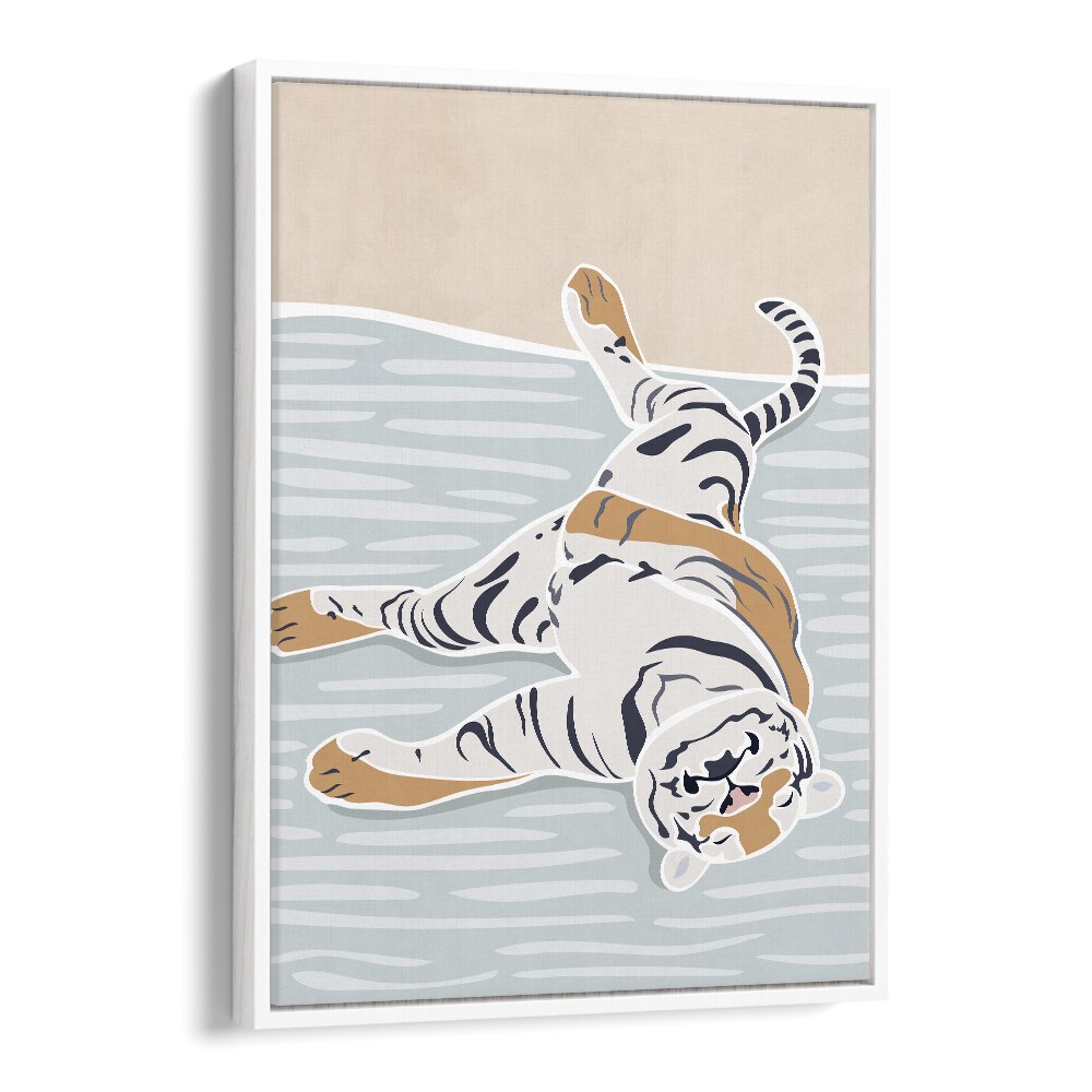 Scandi Sleeping Tiger  Kids Paintings in White Floater Frame