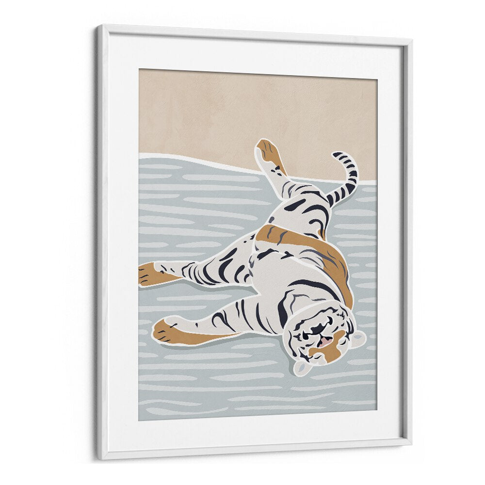 Scandi Sleeping Tiger  Kids Paintings in White Frame With Mount