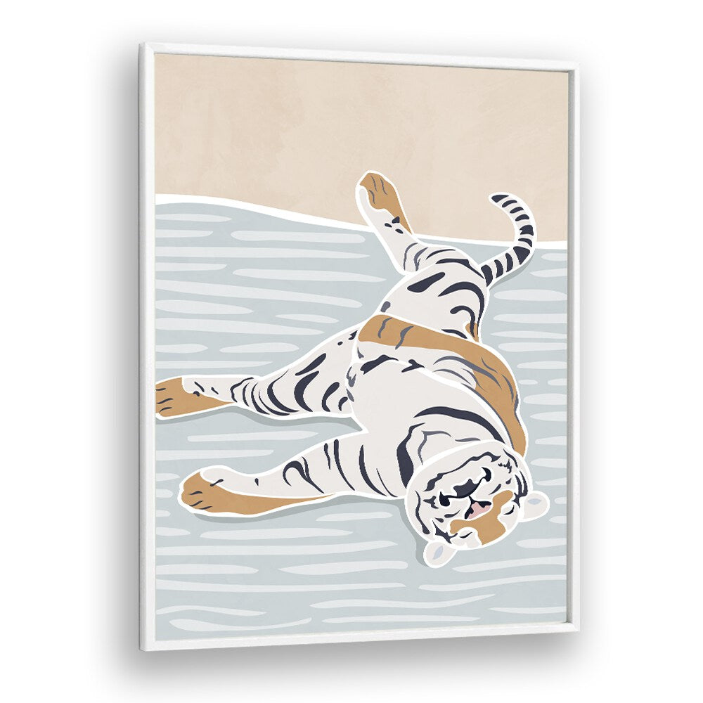 Scandi Sleeping Tiger  Kids Paintings in White Plain Frame