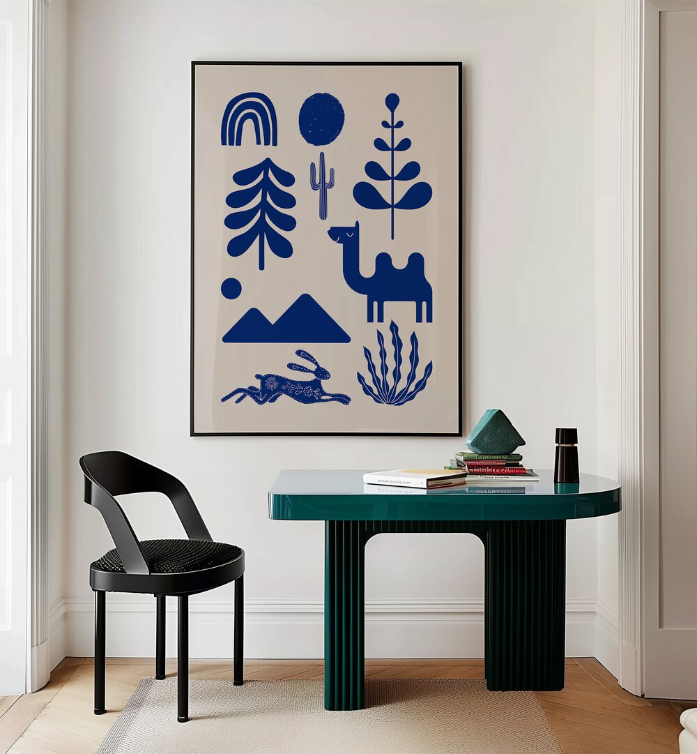 Scandinavian Ornaments By Little Dean Abstract Art Abstract Paintings in Black Plain Frame placed on a Cream Colored Wall near a Workspace Table in the Drawing Room