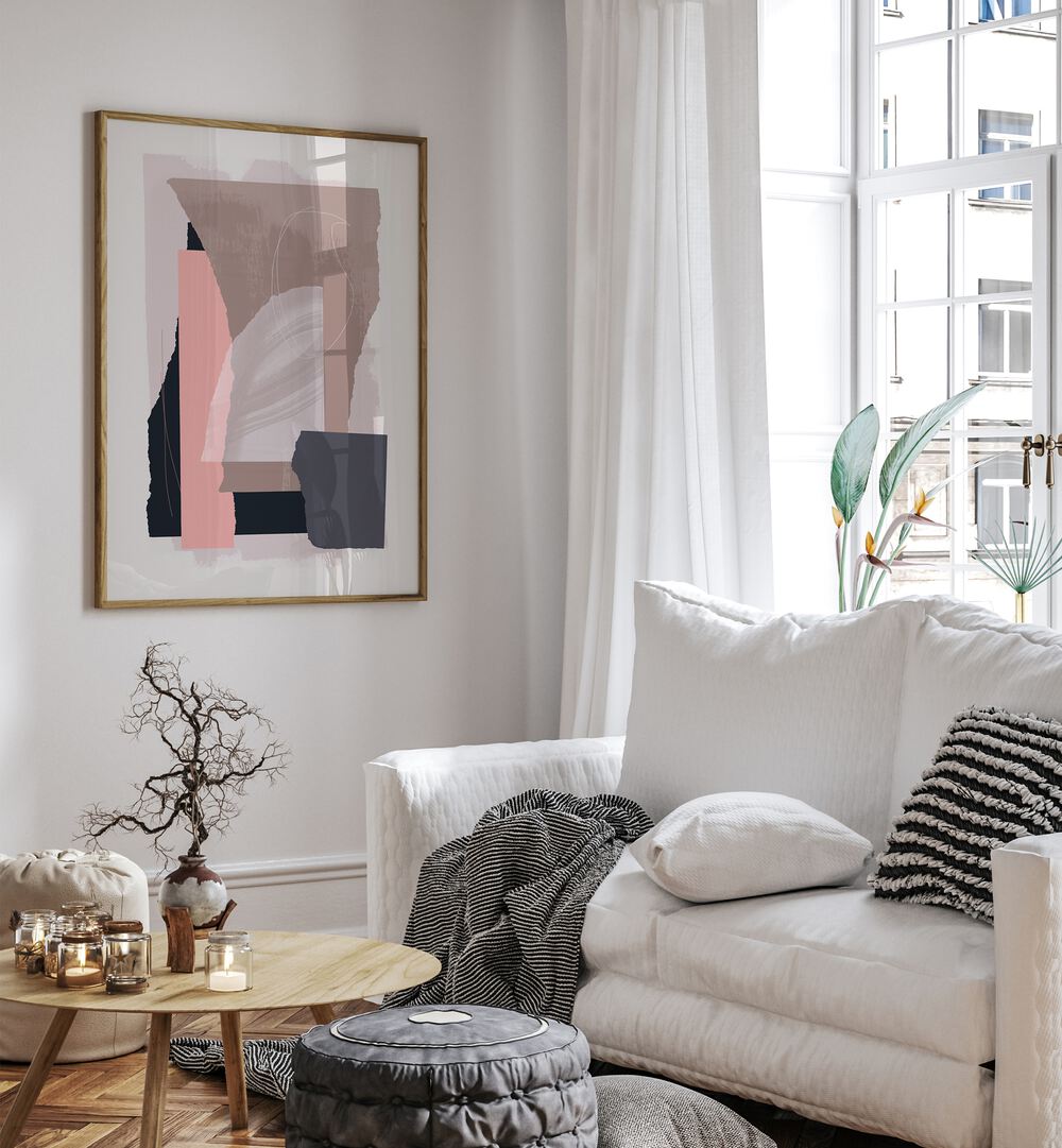 Scattered Pieces By Mareike Bohmer Abstract Art Abstract Paintings in Oak Wood Plain Frame placed on a White Colored Wall near a White Sofa in the Living Room