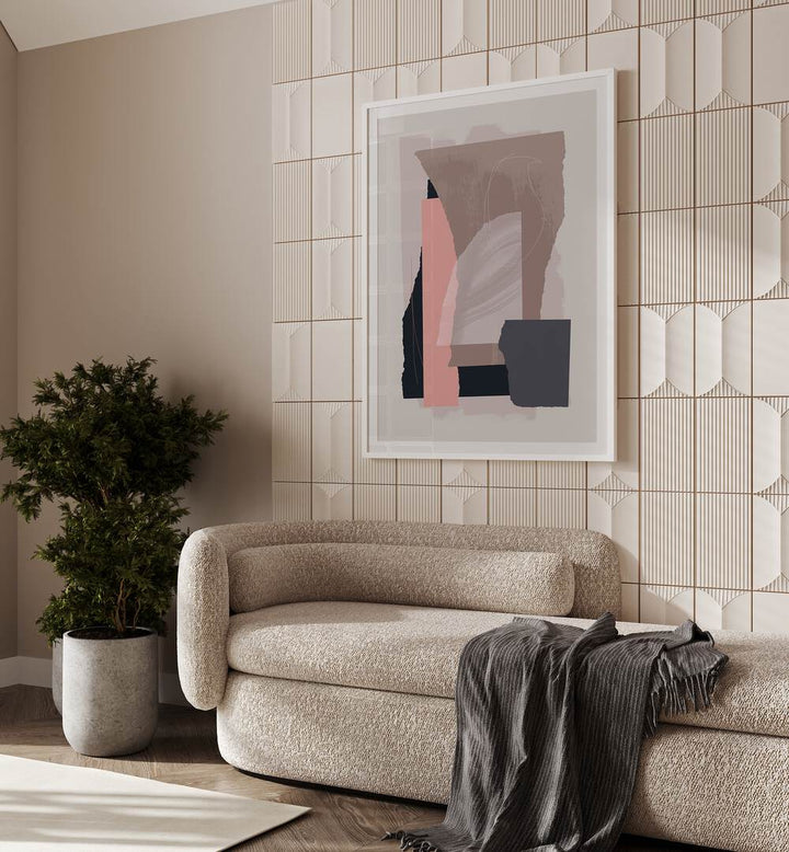 Scattered Pieces By Mareike Bohmer Abstract Art Abstract Paintings in White Frame With Mount placed on a Beige Colored  Tiled Wall near a Beige Sofa in the Living Room