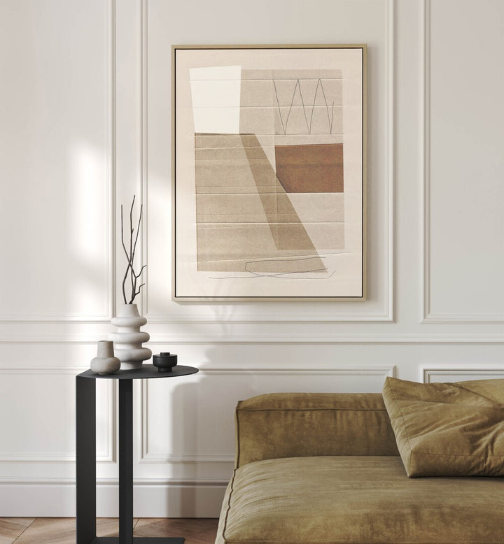 Scheme Abstract By Dan Hobday Abstract Art Abstract Paintings in Oak Wood Floater Frame placed on a White Colored Wall near a Brown  Sofa in the Living Room