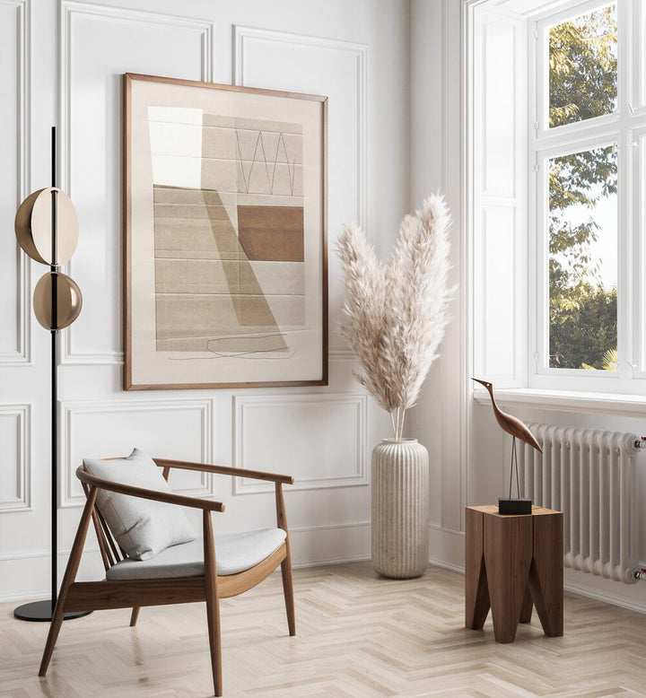 Scheme Abstract By Dan Hobday Abstract Art Abstract Paintings in Oak Wood Plain Frame placed on a White Colored Wall in the Drawing Room