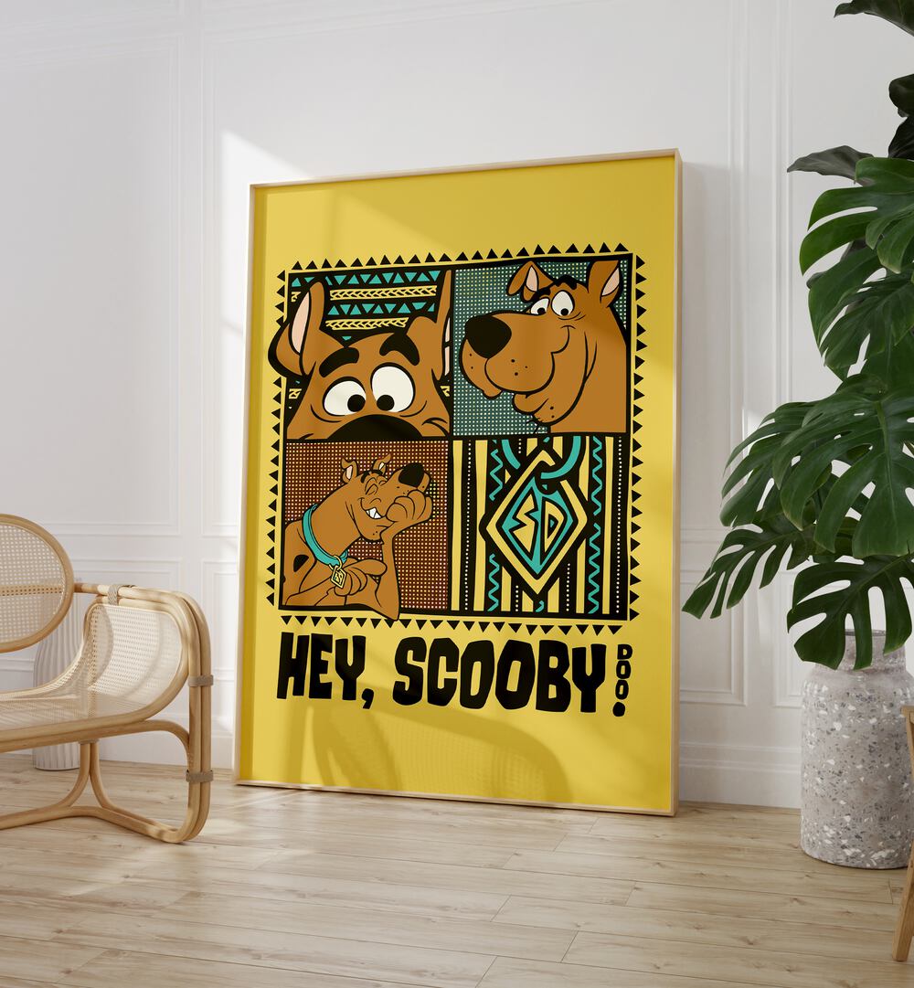 Scooby Doo Comic Wall Art Comic Posters in Oak Wood Plain Frame placed on the floor near a White Colored Wall in the Drawing Room