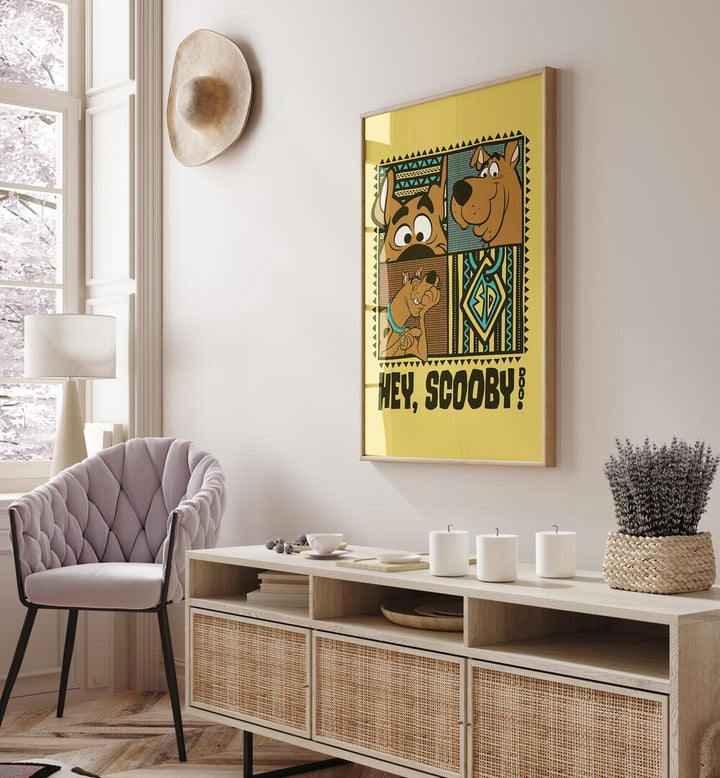 Scooby Doo Comic Wall Art Comic Posters in Oak Wood Plain Frame placed on a Cream Colored Wall above a Console Table in the Living Room