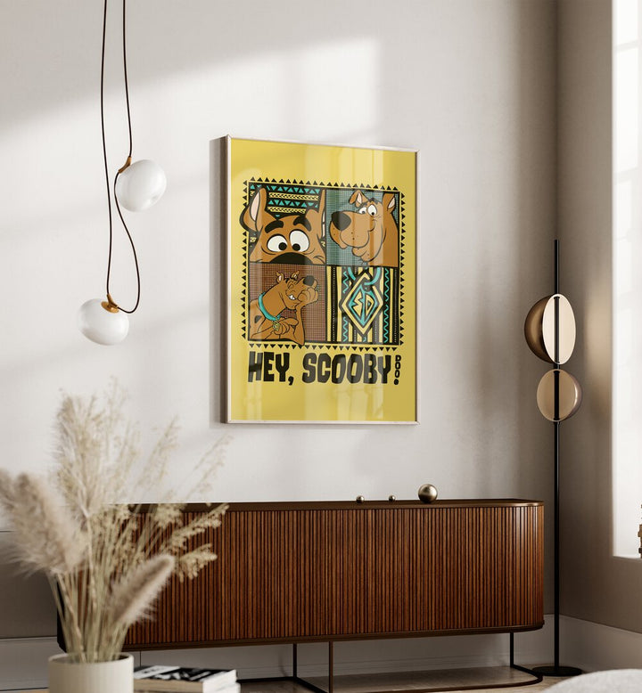 Scooby Doo Comic Wall Art Comic Posters in Oak Wood Plain Frame placed on a Cream Colored Wall above a Console Table in the Drawing Room