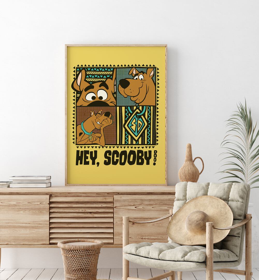 Scooby Doo Comic Wall Art Comic Posters in Oak Wood Plain Frame placed on a Console Table near a White Colored Wall in the Drawing Room