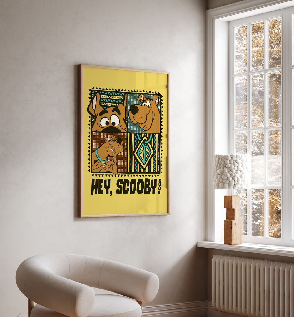 Scooby Doo Comic Wall Art Comic Posters in Oak Wood Plain Frame placed on a Beige Colored Wall in the Drawing Room