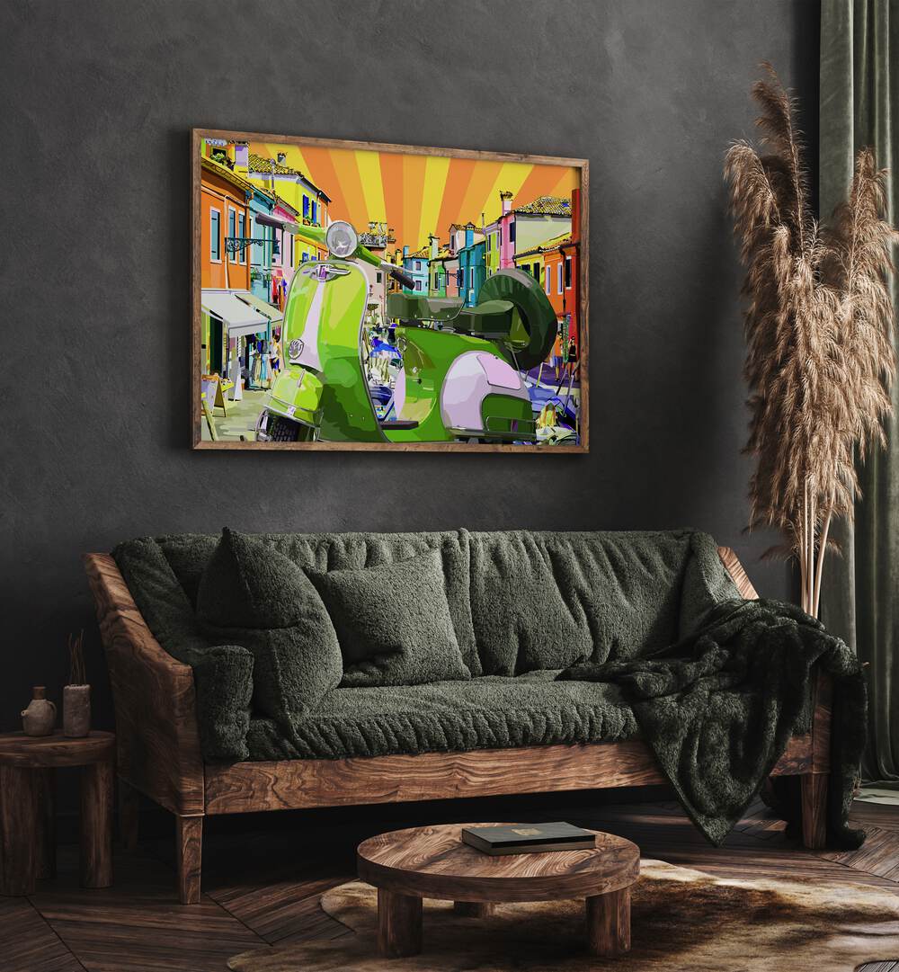 Scooter By Lynnda Rakos Pop Art Paintings Pop Art Prints in Oak Wood Plain Frame placed on a wall behind a sofa