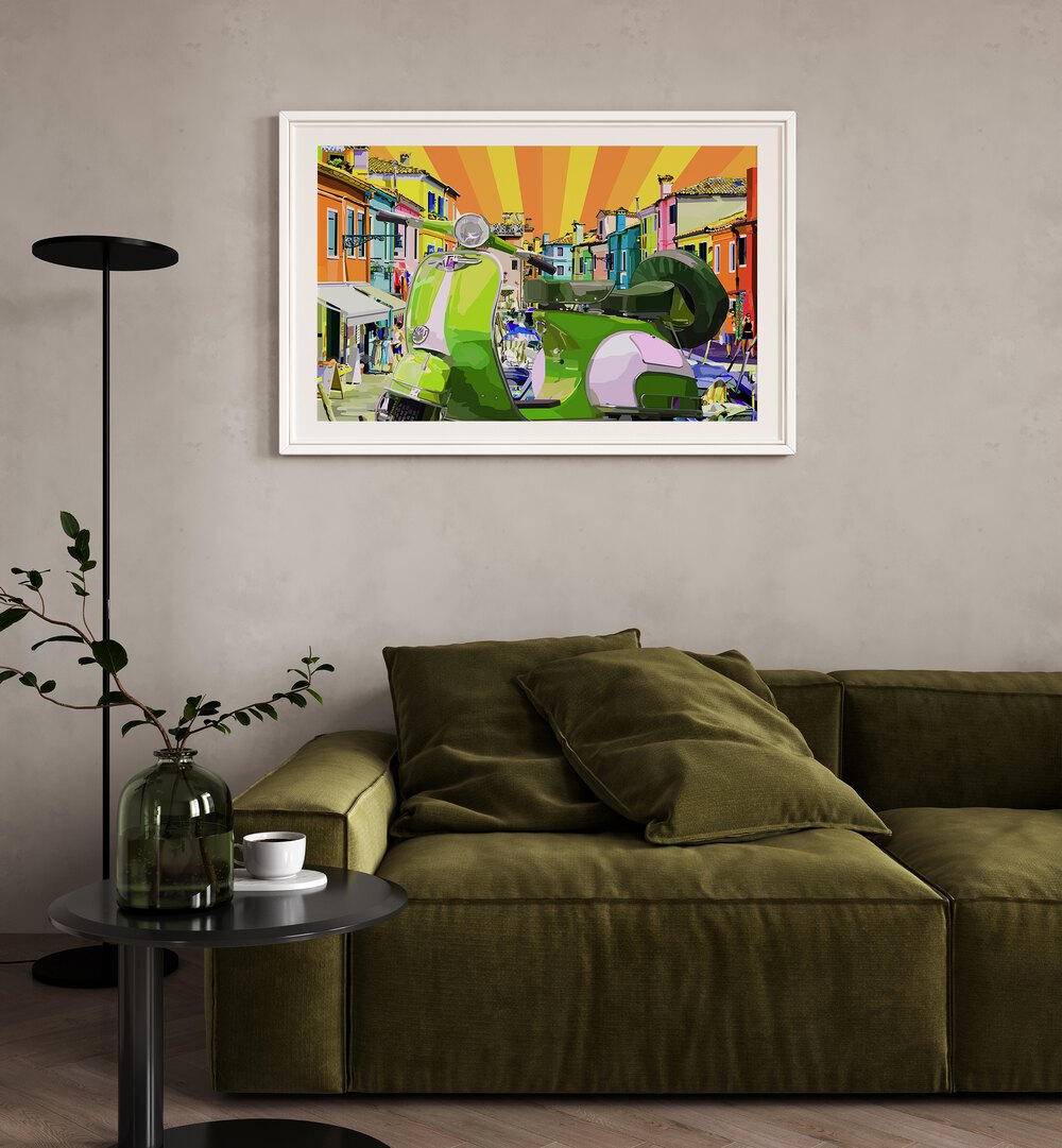 Scooter By Lynnda Rakos Pop Art Paintings Pop Art Prints in White Frame With Mount placed on a wall behind a sofa