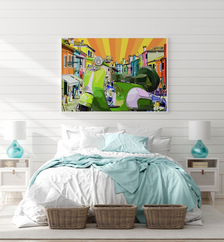 Scooter By Lynnda Rakos Pop Art Paintings Pop Art Prints in White Plain Frame placed on a bedroom wall behind a bed