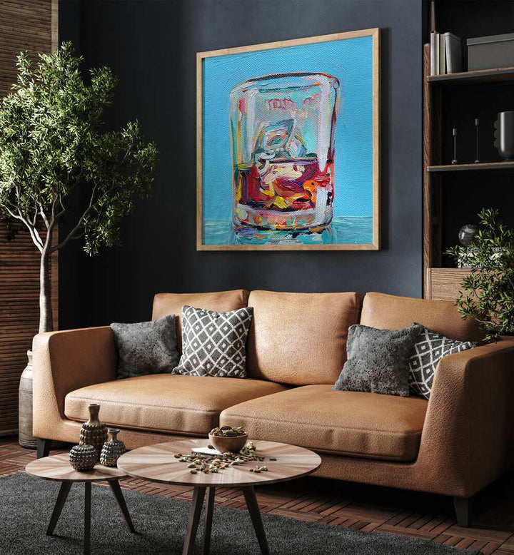 Scotch By Key And Sea Creative Bar and Cafe Art Print in Oak Wood Plain Frame behind a sofa for living room