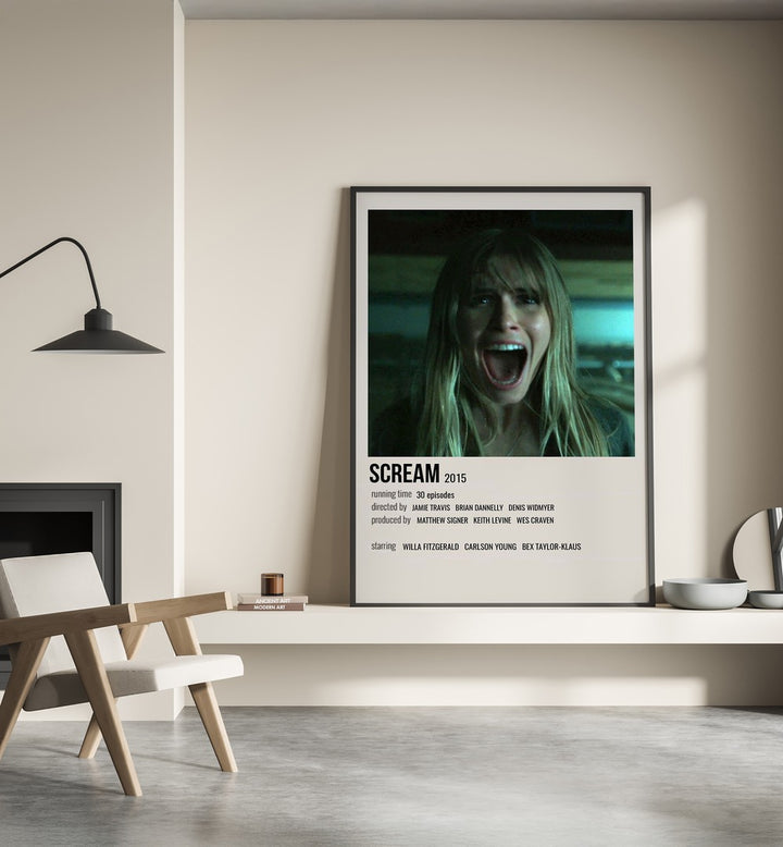 Scream 2015 Movie Posters in Black Plain Frame place on a wall behind a chair beside lamp