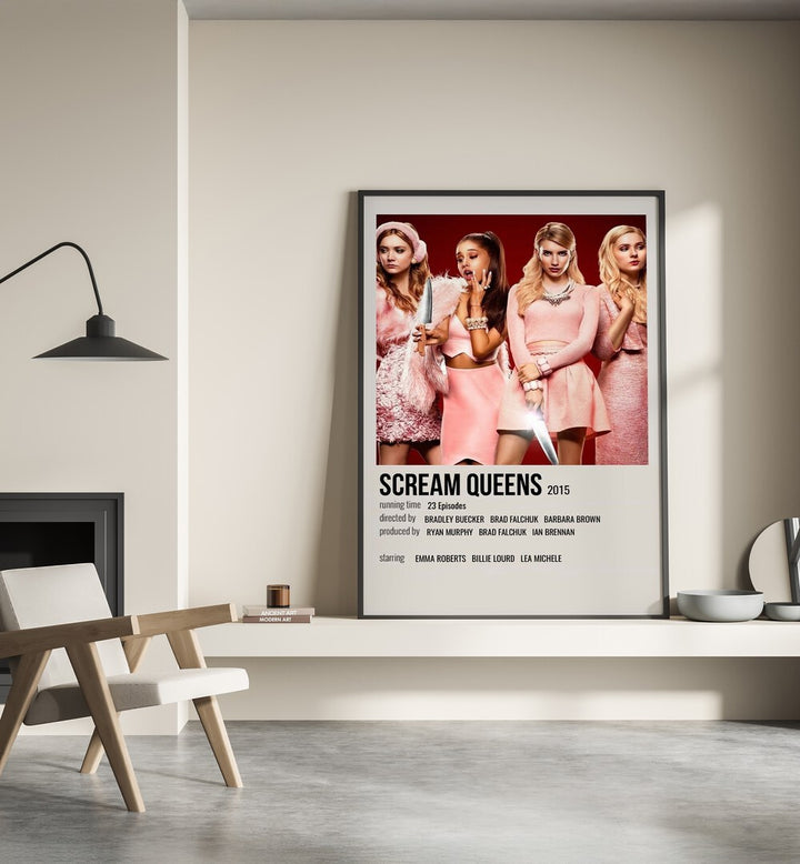 Scream Queens 2015 Movie Posters in Black Plain Frame place on a wall behind a chair beside lamp