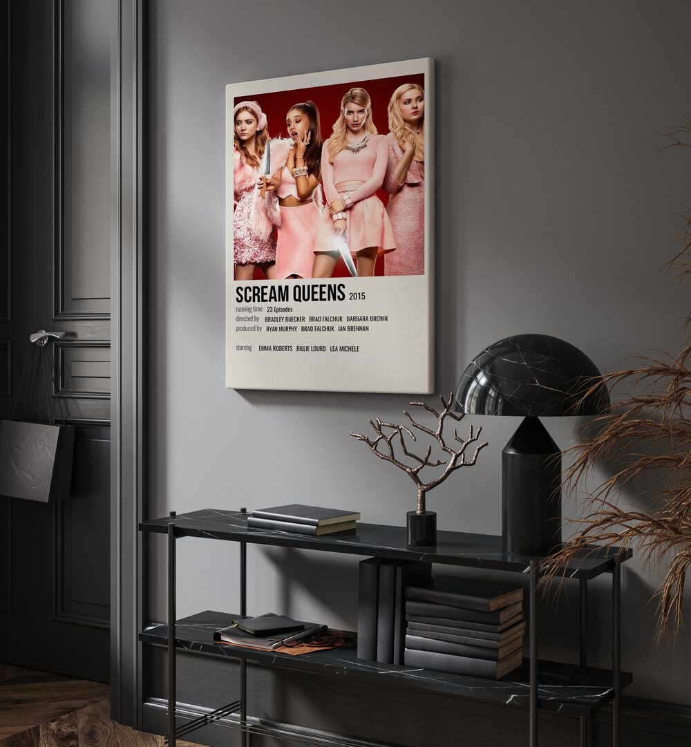 Scream Queens 2015 Movie Posters in Gallery Wrap hanging on wall above console table beside door and window