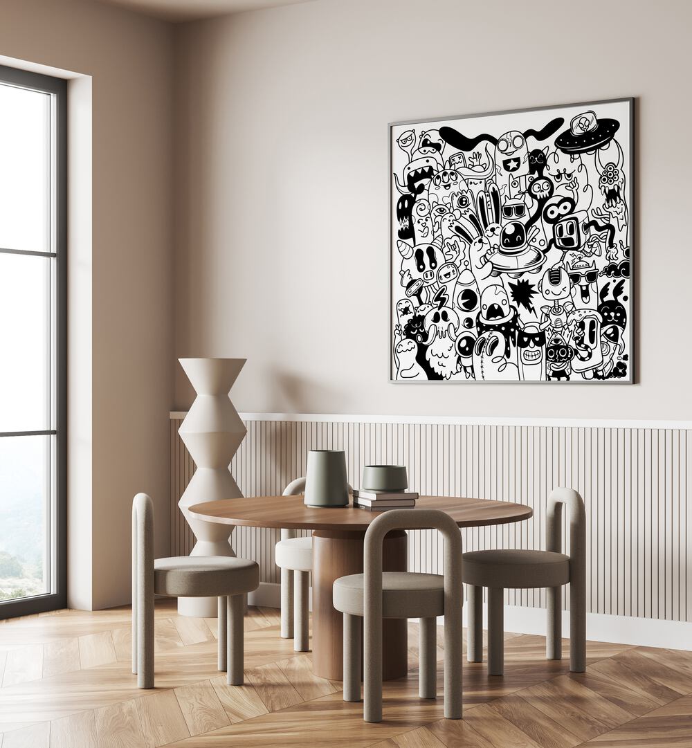 Scribble Skedaddle B&w Doodle Art Painting in Black Plain Frame it is place on the wall behind the dinning table