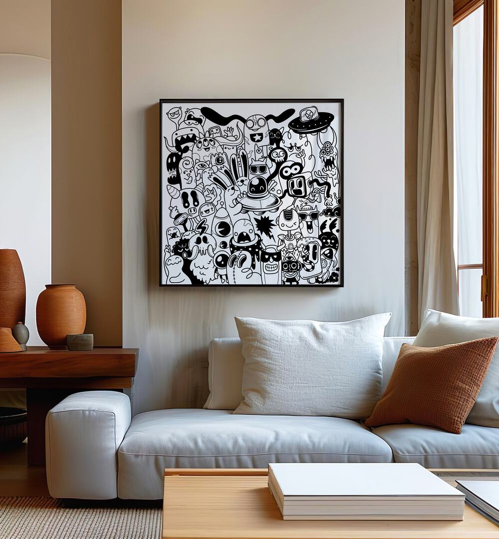 Scribble Skedaddle B&w Doodle Art Painting in Black Plain Frame it is placed on the wall behind the sofa