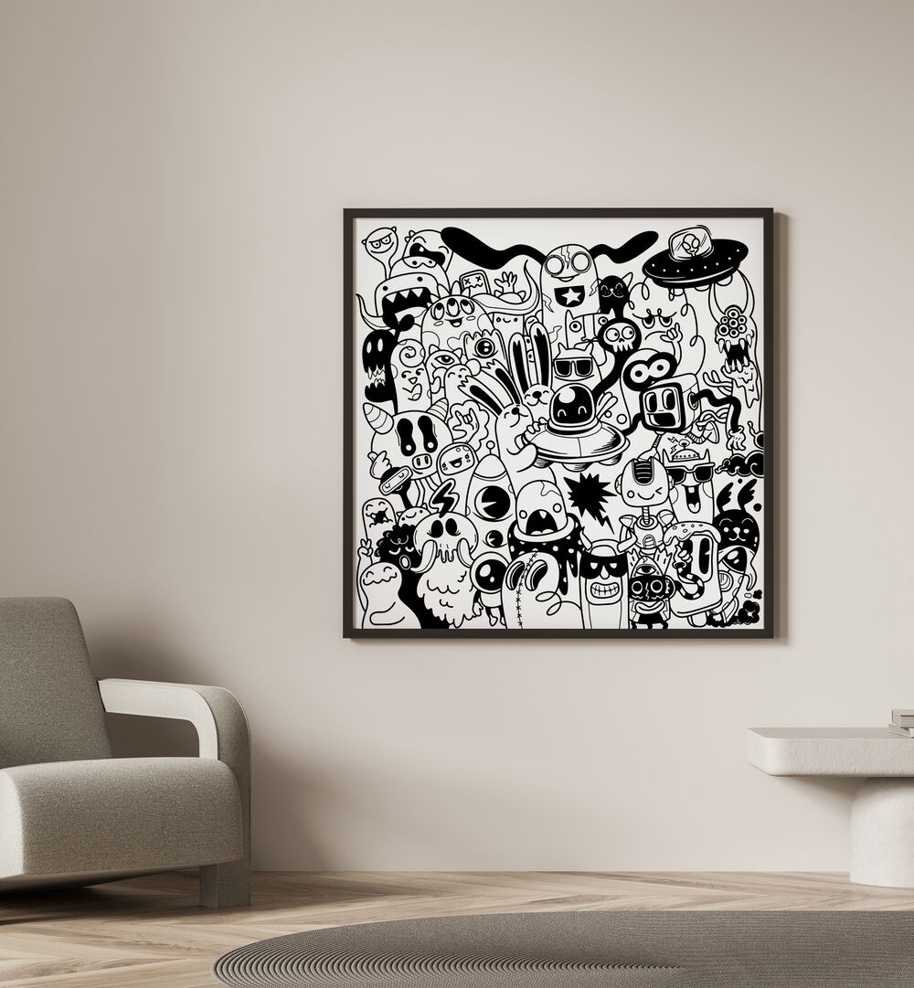 Scribble Skedaddle B&w Doodle Art Painting in Black Plain Frame it is placed on the wall beside the chair