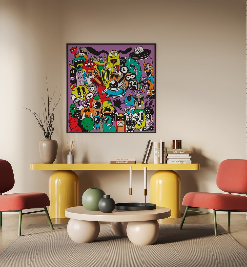 Scribble Skedaddle B&w Doodle Art Painting in Black Plain Frame it is placed on the wall behind the table