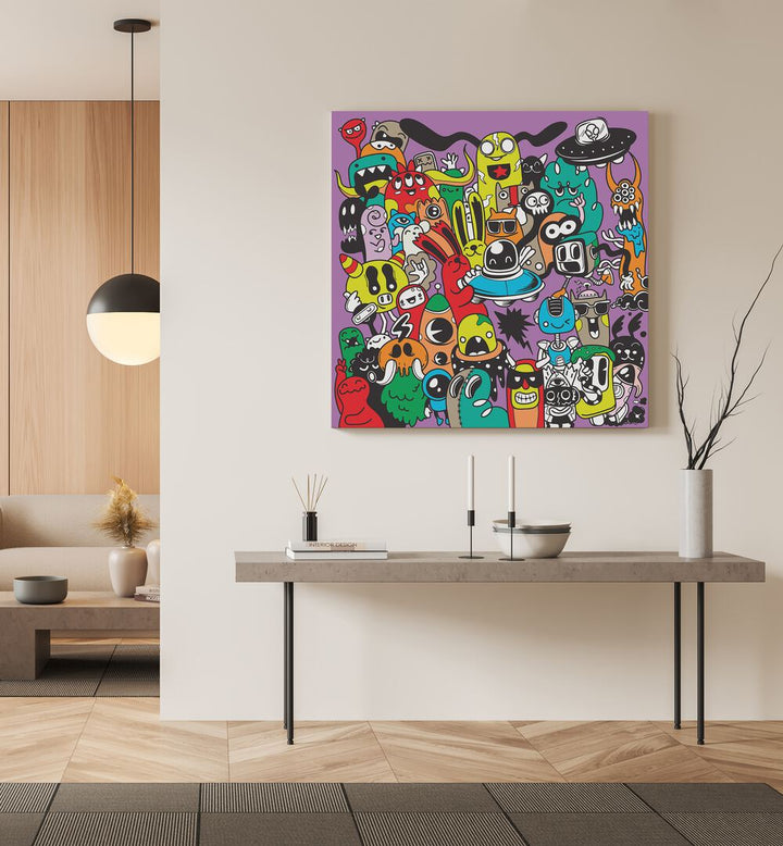 Scribble Skedaddle B&w Doodle Art Painting in Gallery Wrap it is placed on the wall behind the table