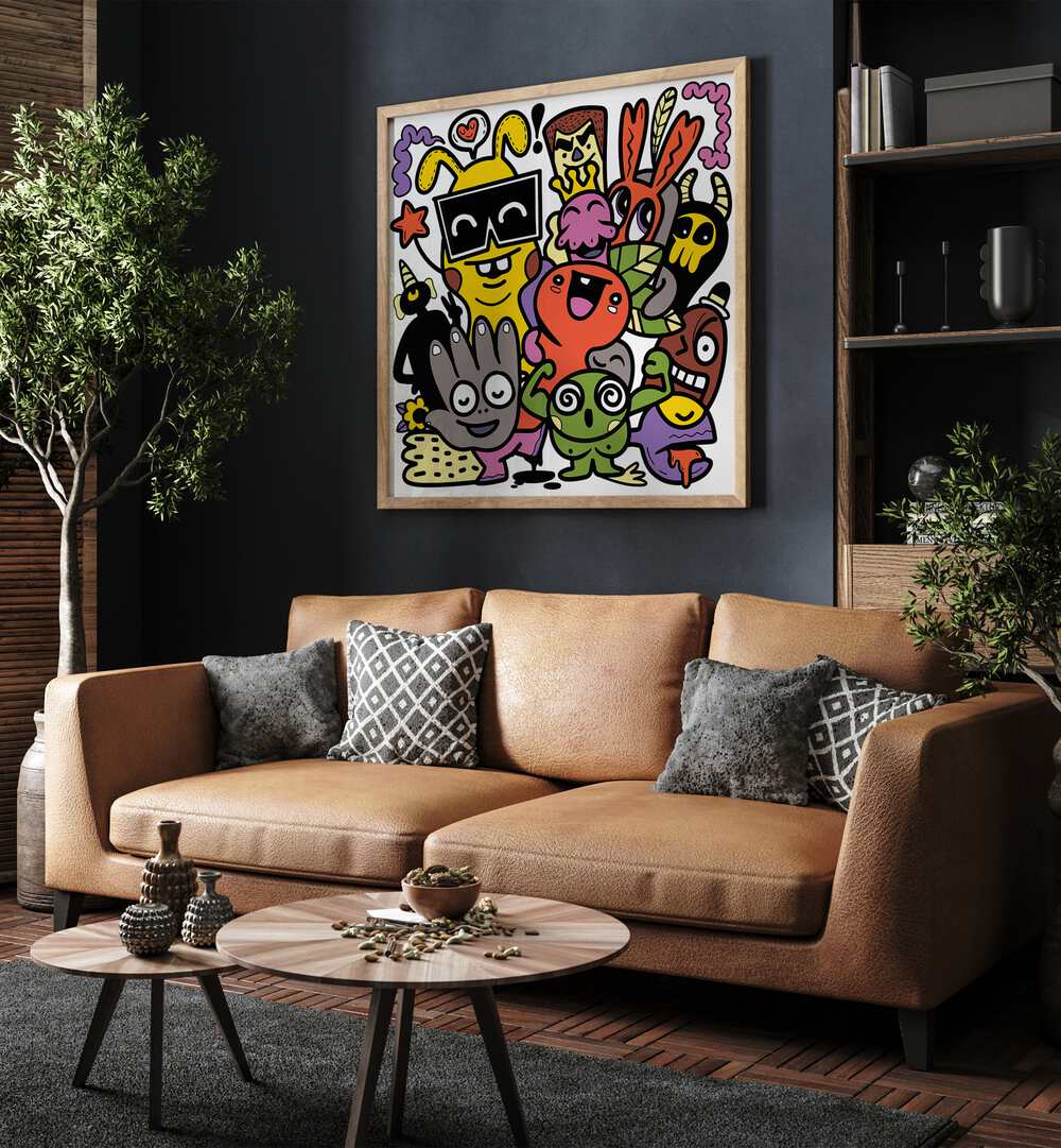 Scribble Snippets Doodle Art Painting in Oak Wood Plain Frame it is placed on the wall behind the sofa