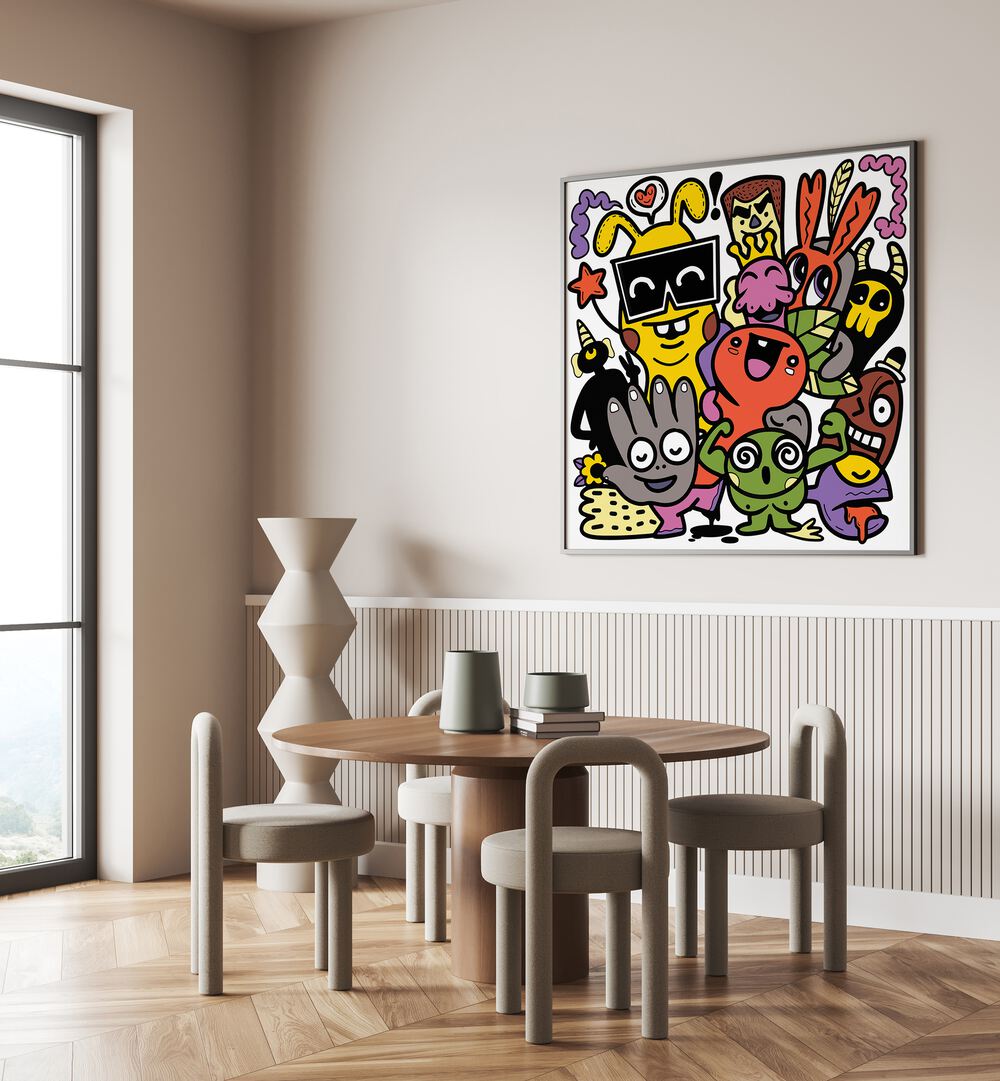 Scribble Snippets Doodle Art Painting in Black Plain Frame it is placed on the wall behind the dinning table