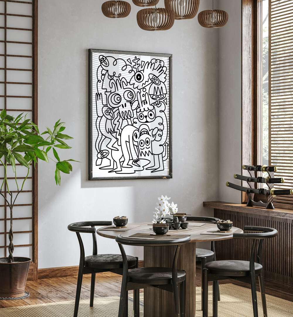 Scribble Sprinkles  Doodle Art Painting in Black Plain Frame it is placed on the wall beside the window.