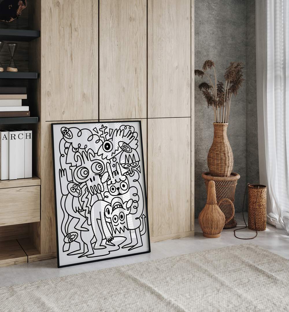 Scribble Sprinkles  Doodle Art Painting in Black Plain Frame it is placed on the floor beside the flower pots.