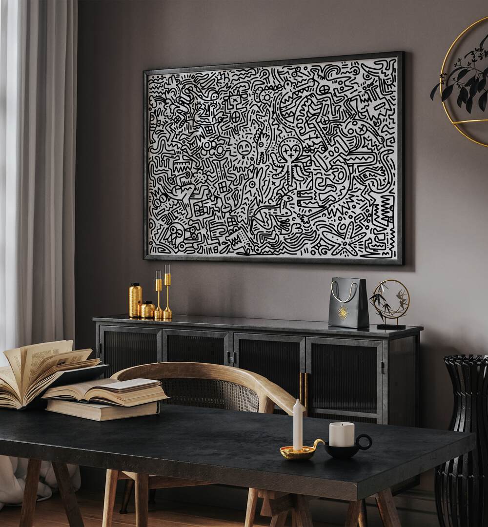 Scribble Symphony Doodle Art Painting in Black Plain Frame placed on wall behind a table