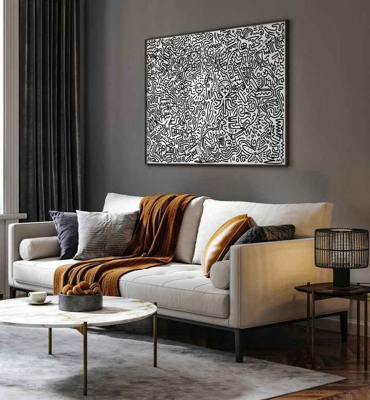 Scribble Symphony Doodle Art Painting in Black Plain Frame placed on wall behind a sofa